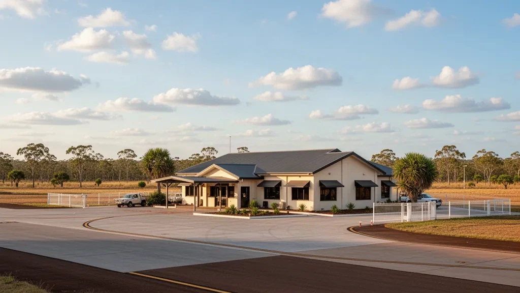 Small regional airport terminal and apron at Normanton Airport in outback Queensland under a wide open sky at golden hour