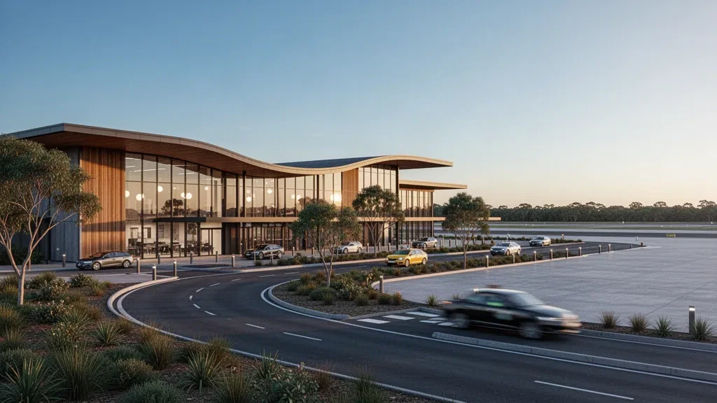 Exterior moderno de la terminal del aeropuerto de Newcastle con cristaleras y tejado curvo, carriles de descenso y coches a la hora dorada