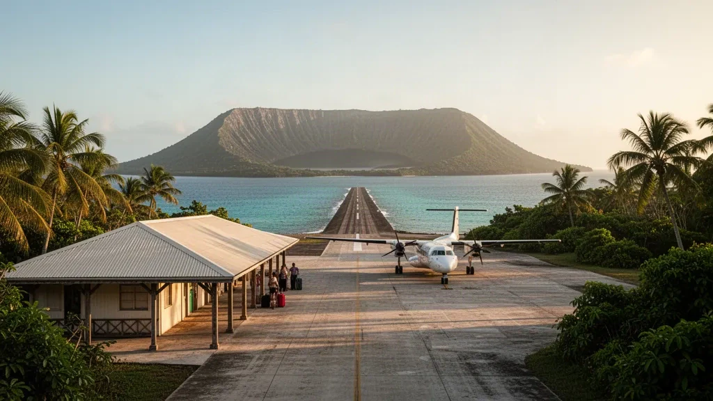 Island terminal and airstrip at Kuini Lavenia Airport on Niuafo'ou, Tonga, framed by palms and a volcanic crater lake