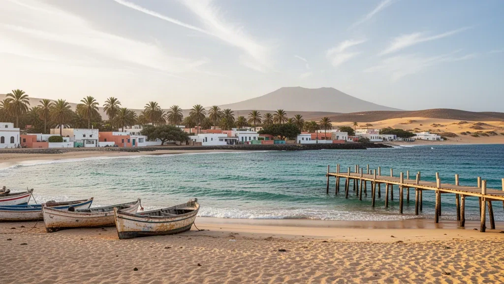 Türkisfarbenes Atlantikwasser und weißer Sand am Santa Maria Beach auf der Insel Sal, Kap Verde, mit einem hölzernen Pier und palmengesäumtem Ufer zur goldenen Stunde