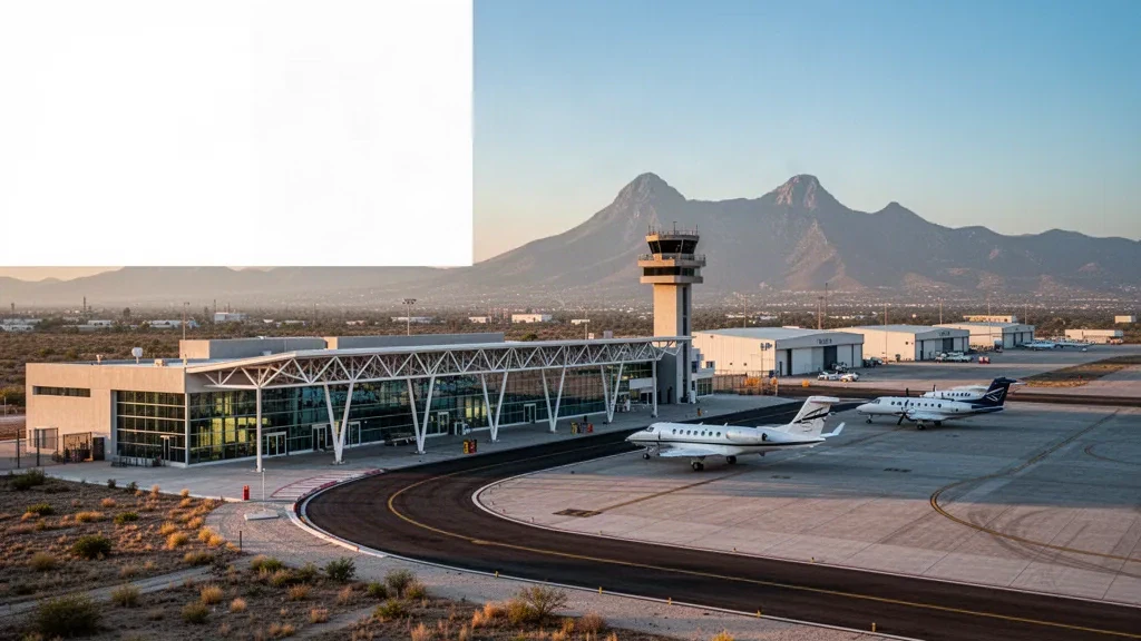 Terminal moderne, tarmac et tour de contrôle à l'aéroport international Del Norte à Apodaca, Nuevo León, dans une lumière chaude de fin de journée