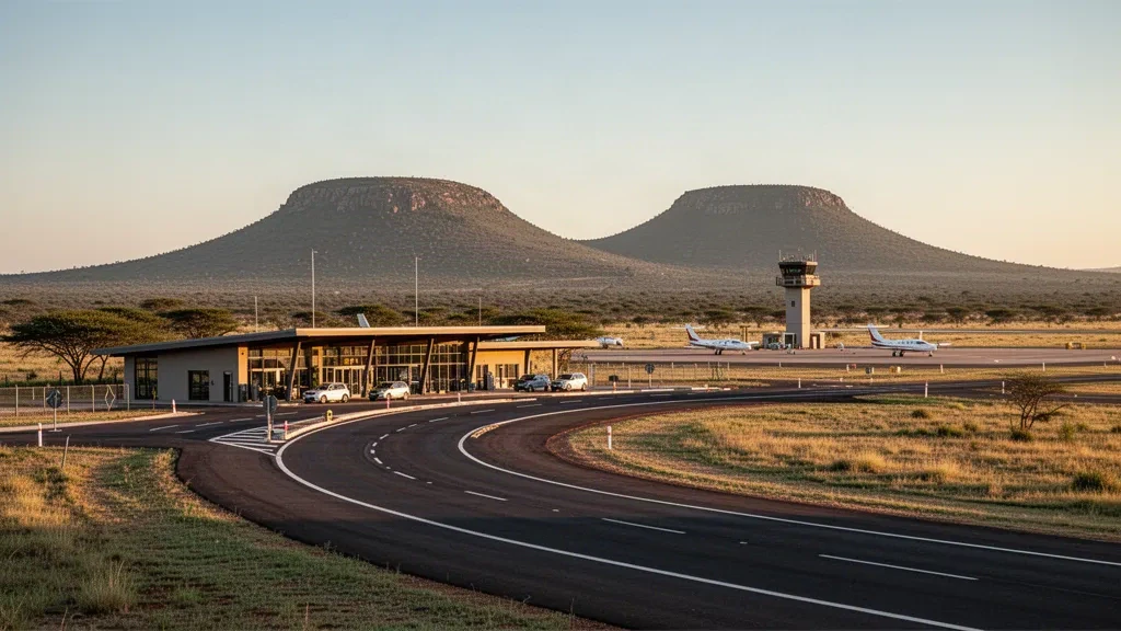 Modernes Terminal und Buschveld-Hügel am Pilanesberg International Airport nahe Sun City, Südafrika, in warmem Licht zur goldenen Stunde