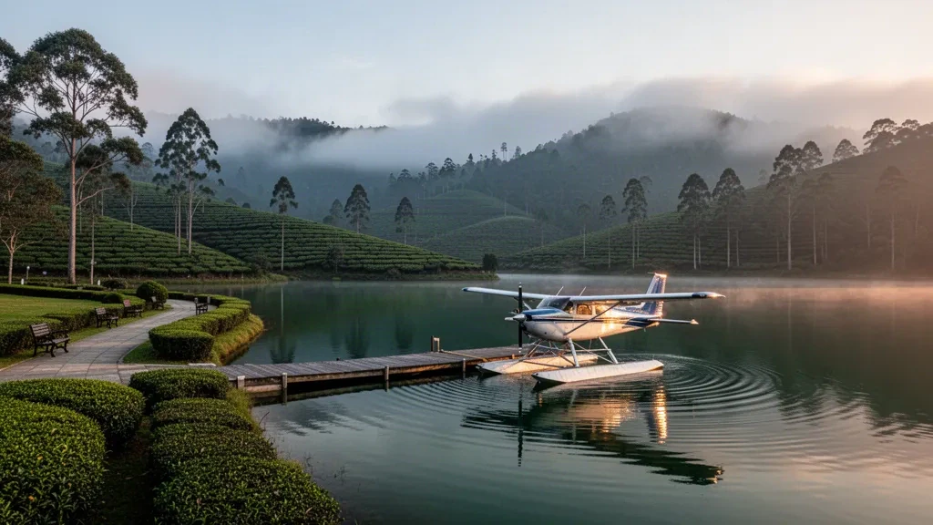 Seaplane moored at the Lake Gregory waterdrome in Nuwara Eliya, Sri Lanka, framed by misty tea-country hills at sunrise