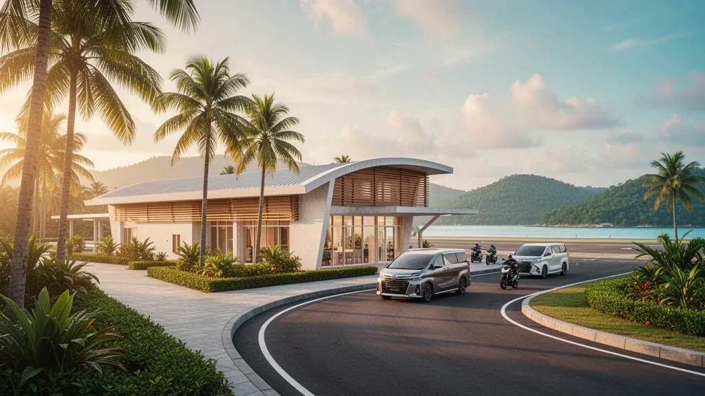 Terminal moderne et voie de dépose bordée de palmiers à l'aéroport de Ranai sur l'île de Natuna, en Indonésie, dans une lumière chaude d'heure dorée