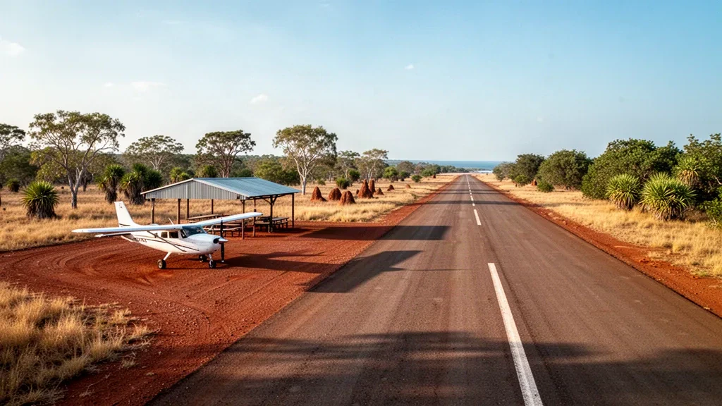 Avión monomotor estacionado en la pista remota del aeródromo de Numbulwar, en Arnhem Land, rodeado de bosque tropical de sabana bajo la cálida luz de la estación seca.