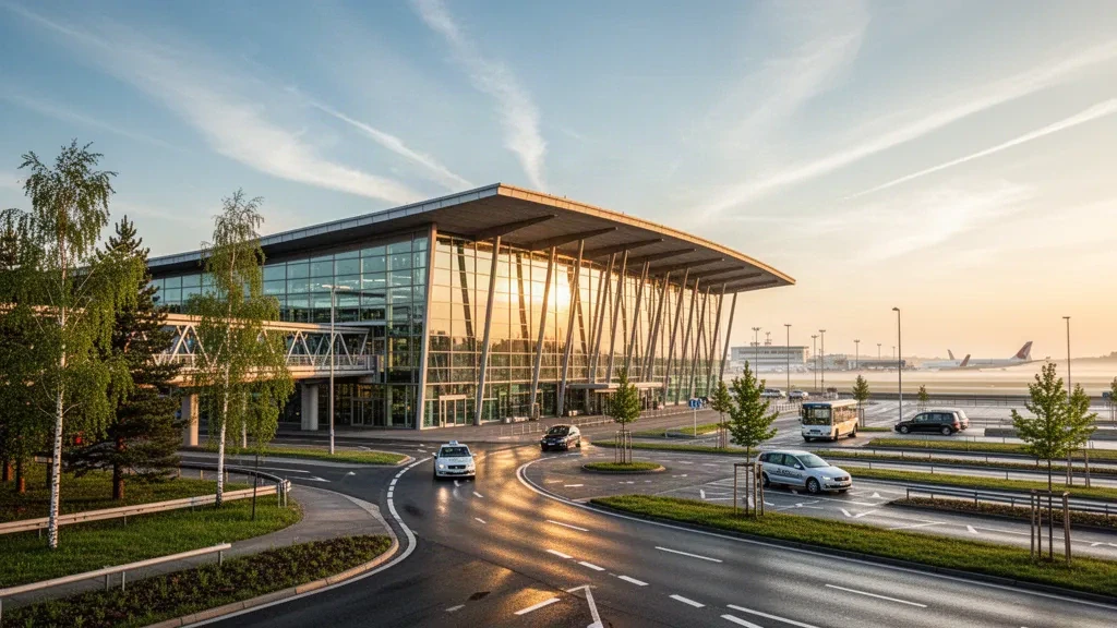 Fachada moderna de terminal de cristal y carriles de bajada en el aeropuerto de Núremberg, Alemania, durante la hora dorada