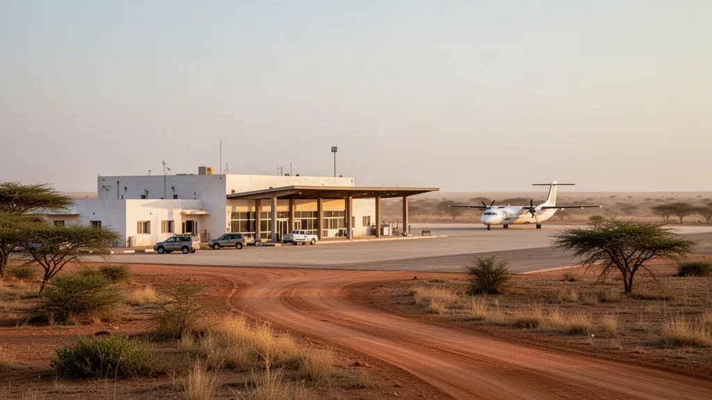 Niedriges Terminalgebäude und sonnenbeschienene Vorfeldfläche am Flughafen En Nahud im Sudan, umgeben von halbtrockenem Sahel-Buschland zur goldenen Stunde