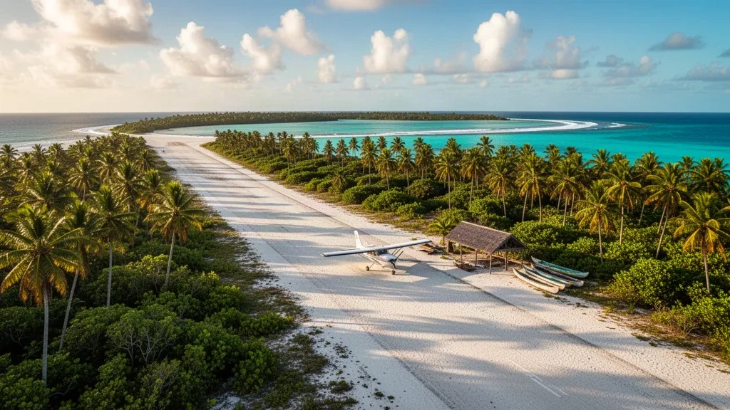 Piste d'atterrissage en corail isolée sur l'atoll de Nuguria en Papouasie-Nouvelle-Guinée, étroite piste tropicale bordée de cocotiers au bord d'une eau de lagon turquoise