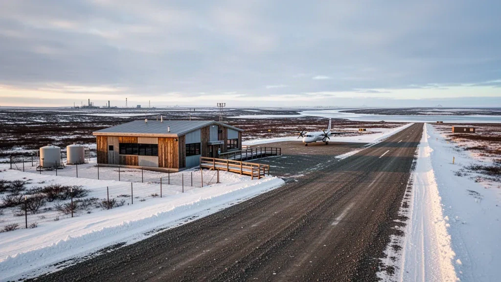 Petite piste en gravier et terminal en bois à l'aéroport de Nuiqsut sur la toundra arctique plate de l'Alaska sous une faible lumière dorée
