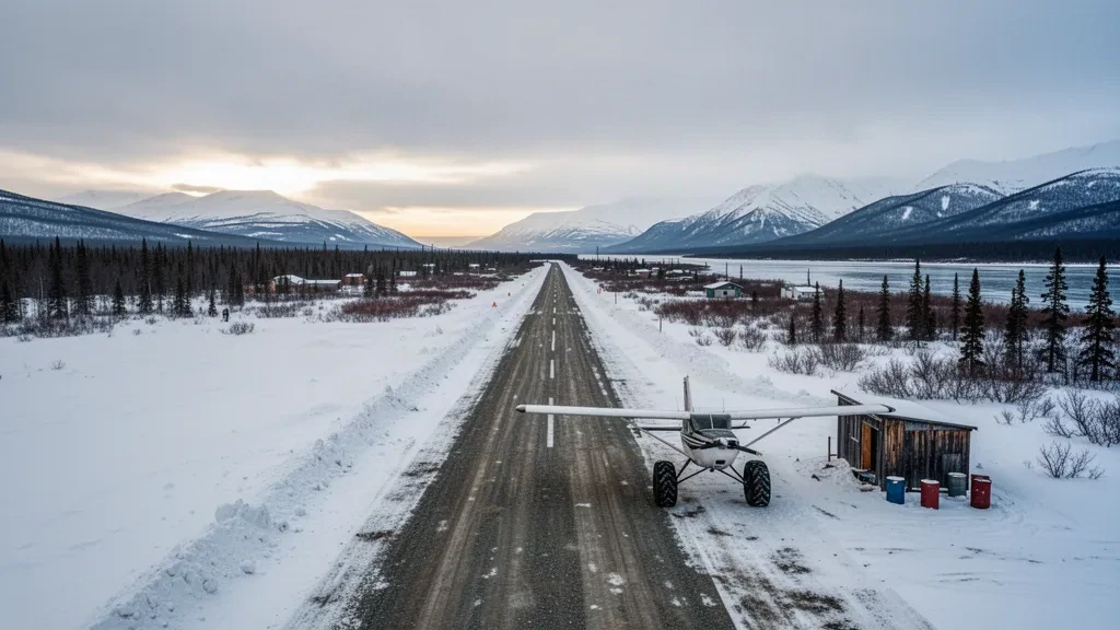 Einmotoriges Buschflugzeug auf der schneebedeckten Schotterpiste am Flughafen Nulato neben dem gefrorenen Yukon River im abgelegenen Alaska