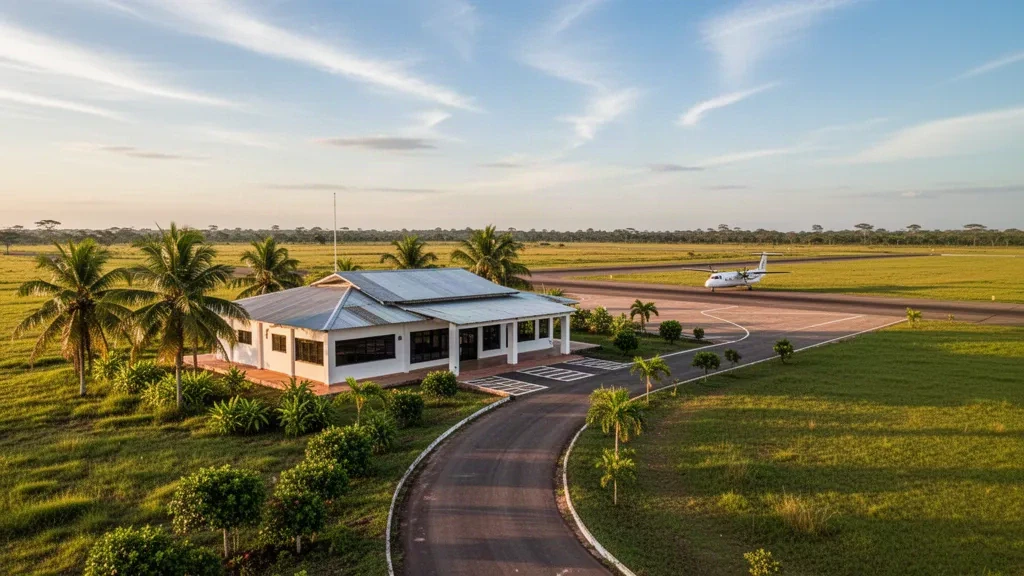 Piccola pista rurale che serve Nunchía, nel Casanare, Colombia, con un basso edificio terminal, pista di atterraggio e pianure tropicali durante l'ora d'oro