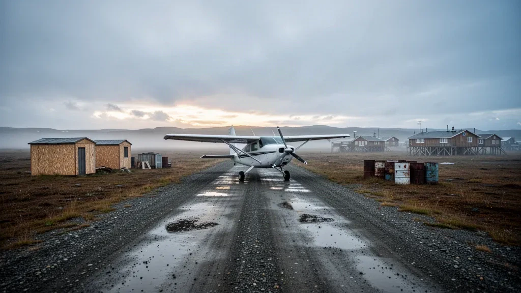 Bush plane parked on the gravel runway at Nunapitchuk Airport in Alaska, framed by flat tundra and distant village homes.