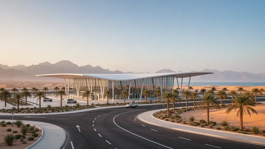 Modern white and glass terminal exterior at Neom Bay Airport in northwestern Saudi Arabia with desert mountains at golden hour