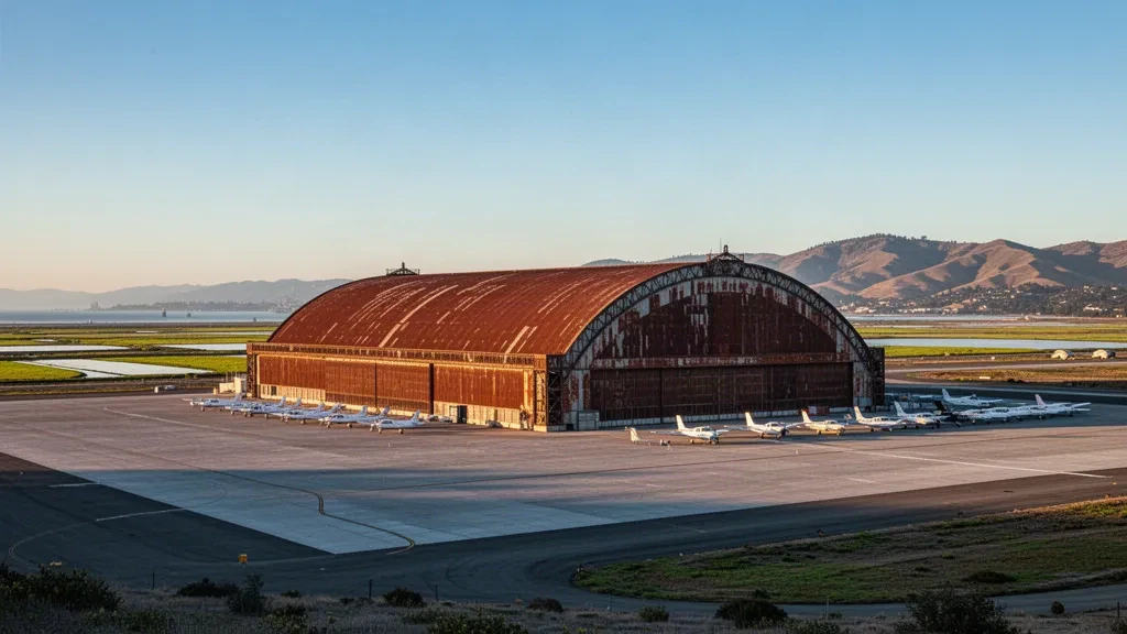 Historic arched hangar and quiet airfield apron at Moffett Federal Airfield in Mountain View, California under golden-hour light