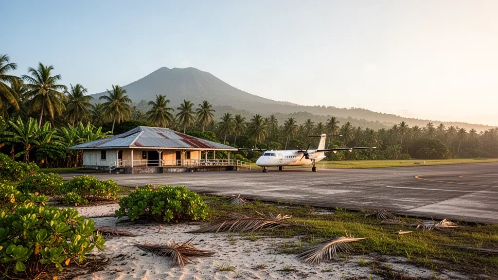 Piste tropicale de l'aéroport de Norsup sur l'île de Malakula, au Vanuatu, avec des palmiers, un petit terminal insulaire et un avion bimoteur dans une lumière dorée.