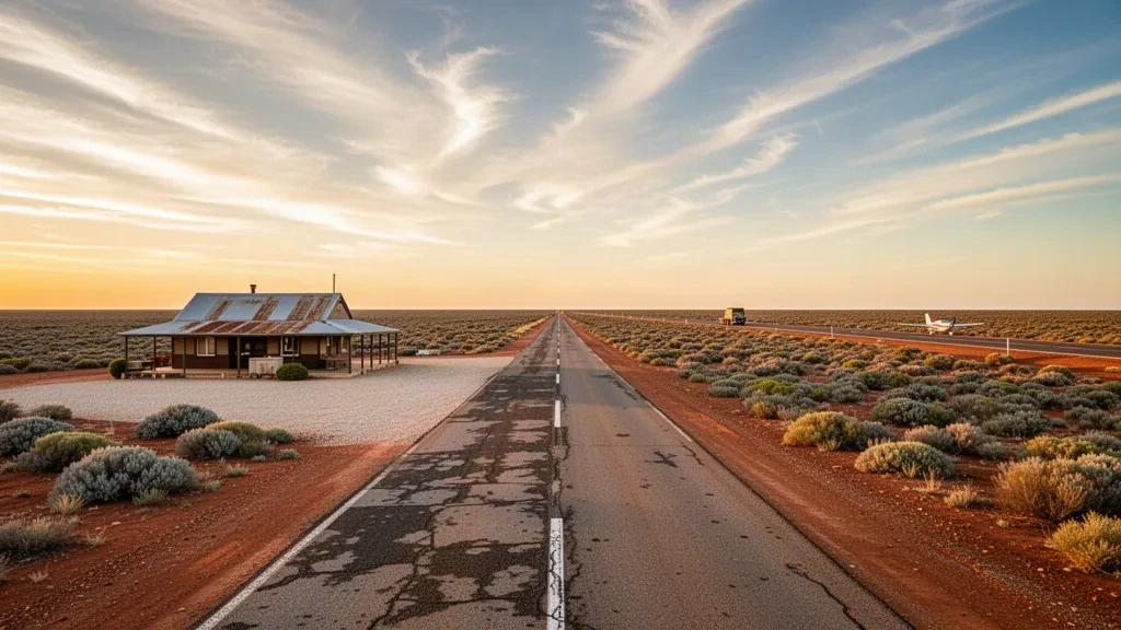 Abgelegene Outback-Landebahn und Roadhouse in der Nullarbor-Ebene zur goldenen Stunde, umrahmt von weitem, leerem Himmel und Buschland