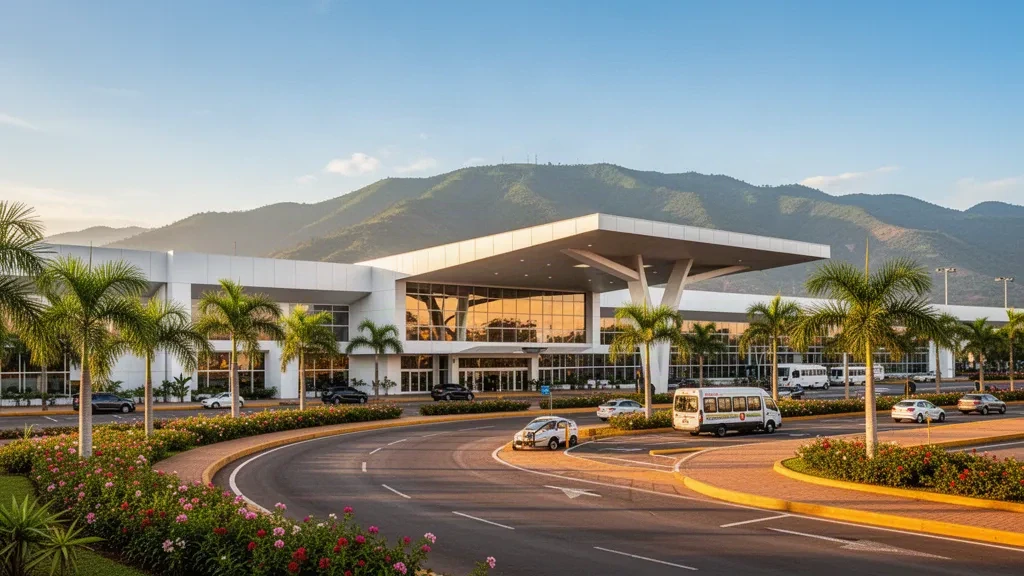 Modern glass terminal exterior at Benito Salas Airport in Neiva, Colombia, with tropical landscaping and Andean mountains beyond