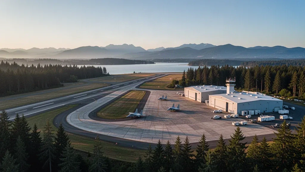 Vue aérienne du terrain d'aviation Ault Field de la NAS Whidbey Island avec hangars, piste et environnement forestier du Pacific Northwest à l'heure dorée