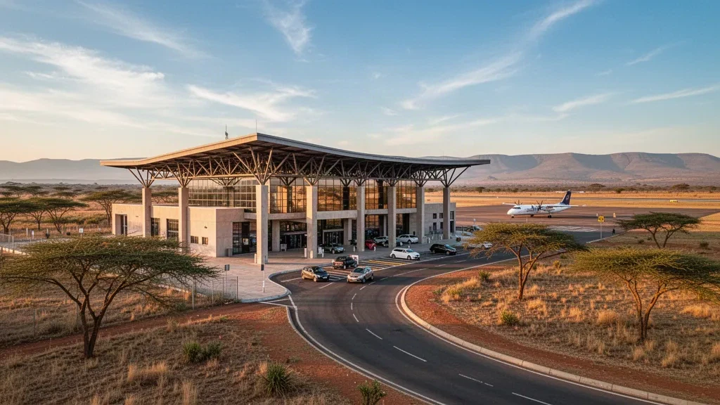 Kenya'daki Nakuru Lanet Havalimanı'nda altın saatlerde modern terminal, indirme şeridi ve park etmiş uçak