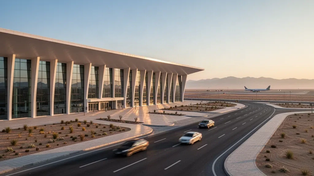 Modern glass terminal exterior at Navoi International Airport in Uzbekistan under golden-hour light with desert steppe horizon