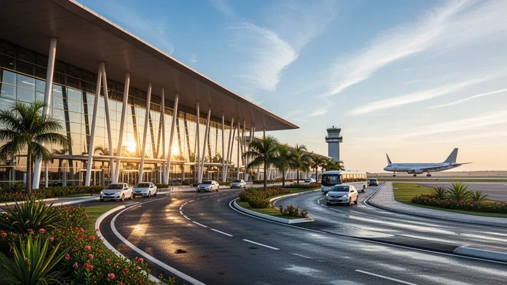Modern glass terminal and drop-off lanes at Brigadeiro Eduardo Gomes Airport in Brazil, photographed at golden hour with tropical landscaping.