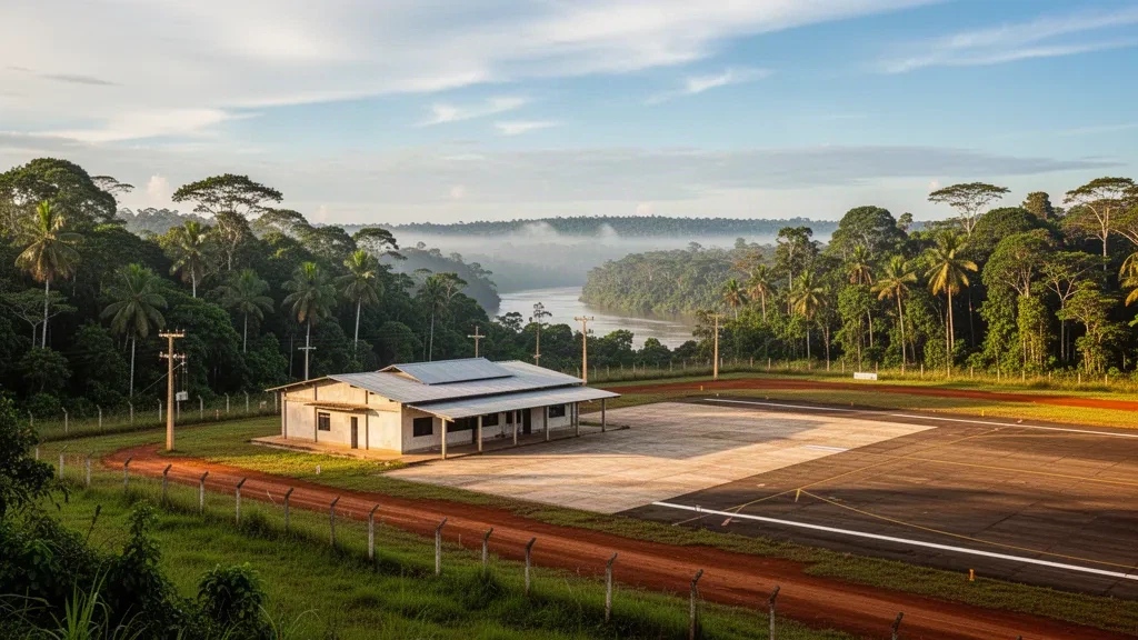Terminal regional compacta y pista pavimentada en el Aeropuerto de Novo Aripuanã rodeadas de densa selva amazónica bajo una cálida luz tropical