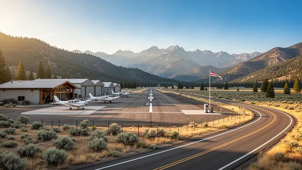 Avion léger sur le tarmac de l'aéroport de Nervino, petit aérodrome d'aviation générale dans la Sierra Valley, en Californie, sous les crêtes montagneuses à l'heure dorée