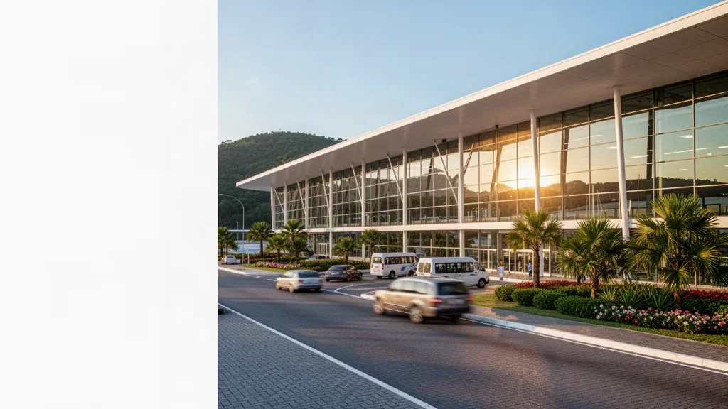 Modern glass terminal exterior at Navegantes international airport in Santa Catarina, Brazil, with palm-lined forecourt and coastal hills at golden hour