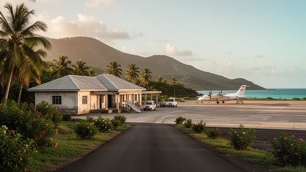 Edificio terminal tropical y plataforma rodeada de palmeras en el aeropuerto Mohéli Bandar Es Eslam, en las Comoras, bajo una cálida luz dorada de atardecer.