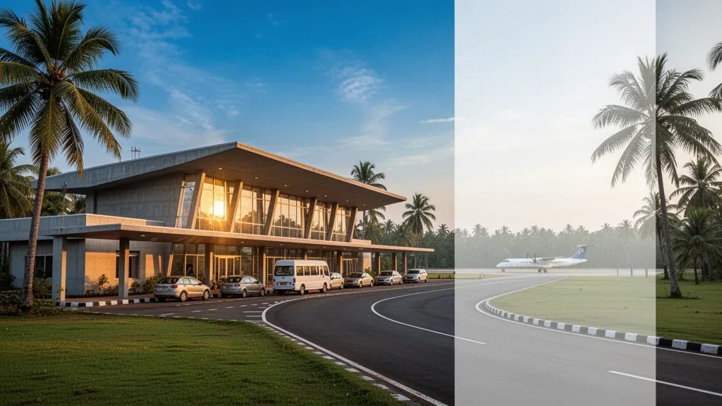Tamil Nadu'daki Neyveli Havaalanı'nda altın saatlerde modern az katlı terminal ve palmiyelerle çevrili yolcu indirme şeridi