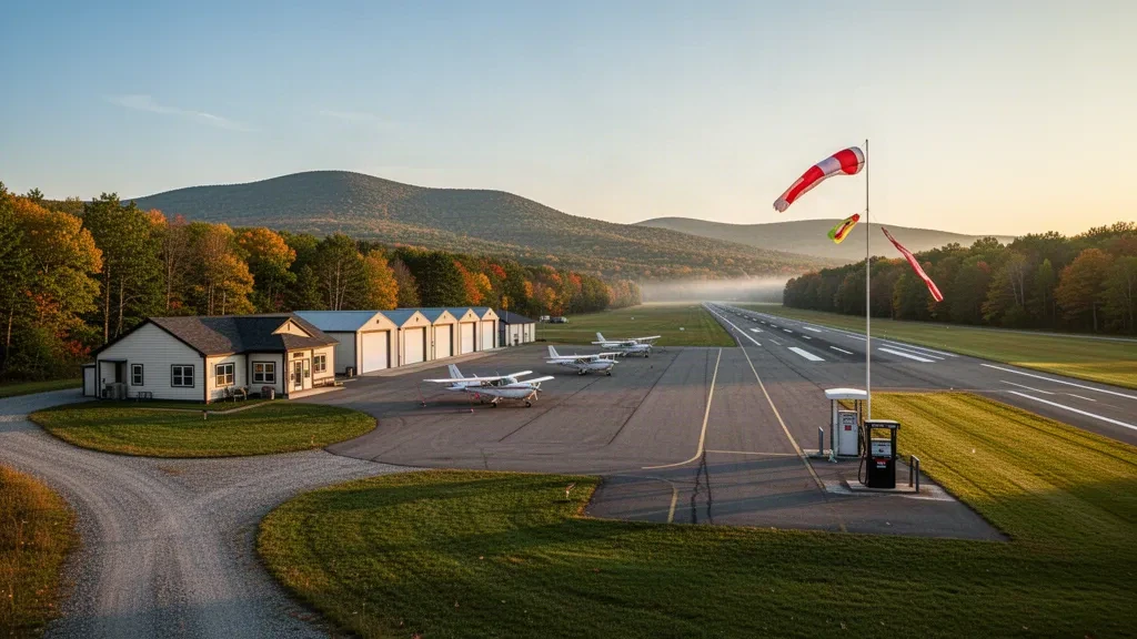 Petite aire de stationnement d'aviation générale et hangars à l'aéroport de Parlin Field à Newport, New Hampshire, avec des aéronefs légers stationnés et des collines boisées à l'heure dorée.
