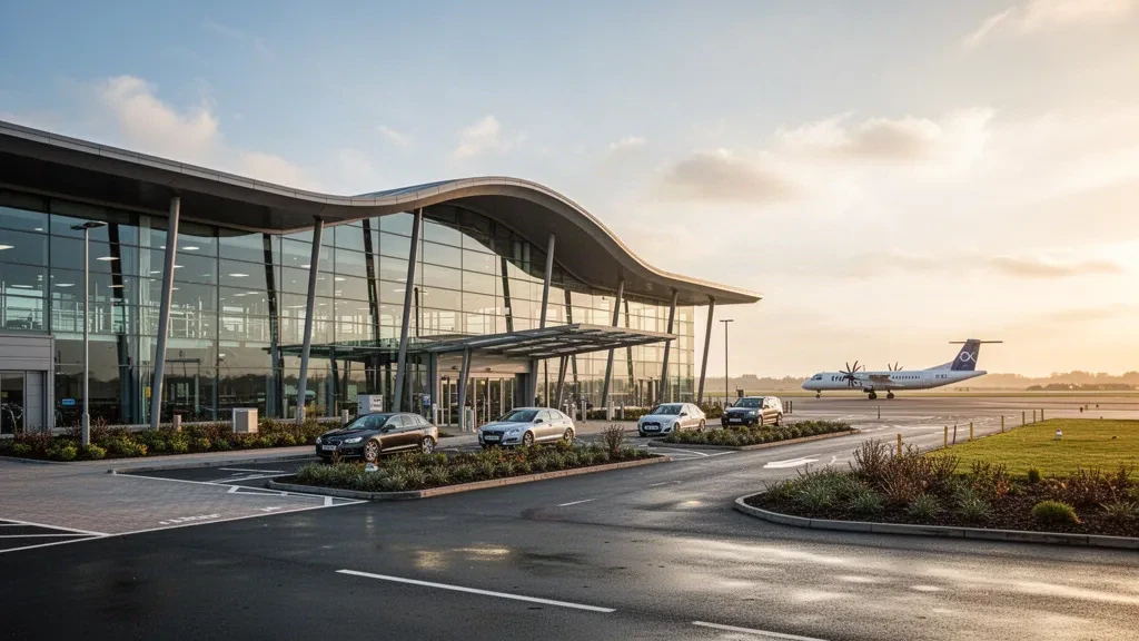 Moderne Glasfassade des Terminals am Flughafen Norwich in Norfolk zur goldenen Stunde mit Vorfahrtspur und Flugzeug.