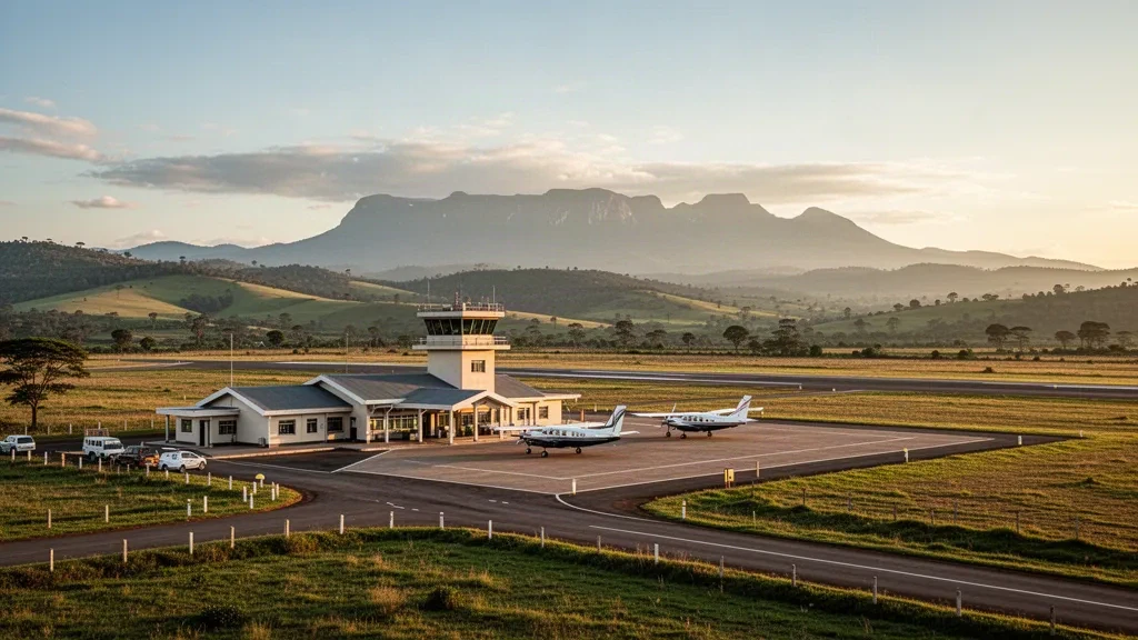 Una vista amplia del Aeropuerto de Nyeri en Kenia, que muestra una pequeña terminal, la torre de control, aviones estacionados y las verdes tierras altas bajo una suave luz matutina.