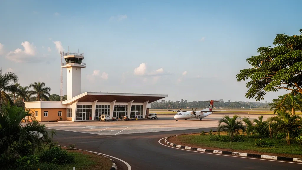 Flaches Terminal und Vorfeld am Flughafen Sunyani in der Bono Region Ghanas bei warmem Nachmittagslicht, umrahmt von tropischem Grün