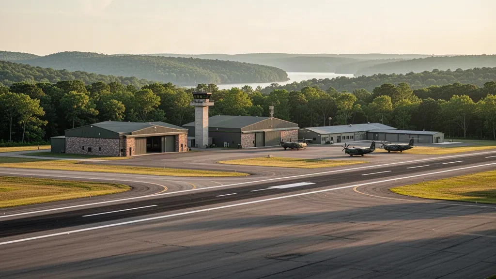 Vue panoramique à l'heure dorée de Quantico Marine Corps Airfield, Turner Field, montrant sa piste, ses hangars et le paysage boisé de Virginie