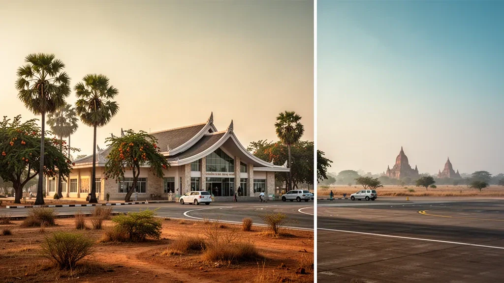 Modern terminal of Nyaung U Airport near Bagan, Myanmar, framed by palm trees with ancient pagodas on the horizon at golden hour