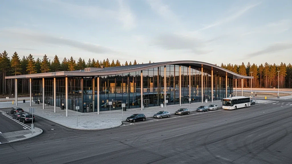 Terminal moderne en verre et voies de dépose le long du trottoir à l'aéroport de Stockholm Skavsta près de Nyköping, en Suède, sous une lumière dorée
