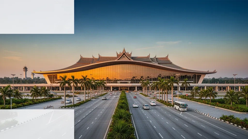 Ansicht des Nay Pyi Taw International Airport zur goldenen Stunde mit gläsernem Terminal, geschwungenem Dach und ruhigen Bringspuren in Myanmar