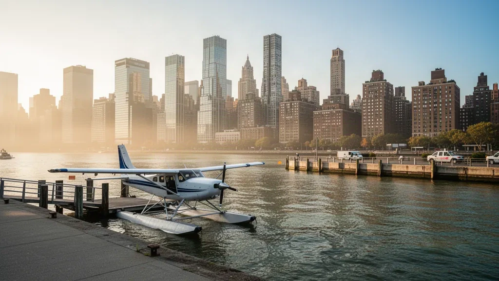 Hydravion au quai de New York Skyports Seaplane Base sur l'East River avec les gratte-ciel de Manhattan illuminés au lever du soleil