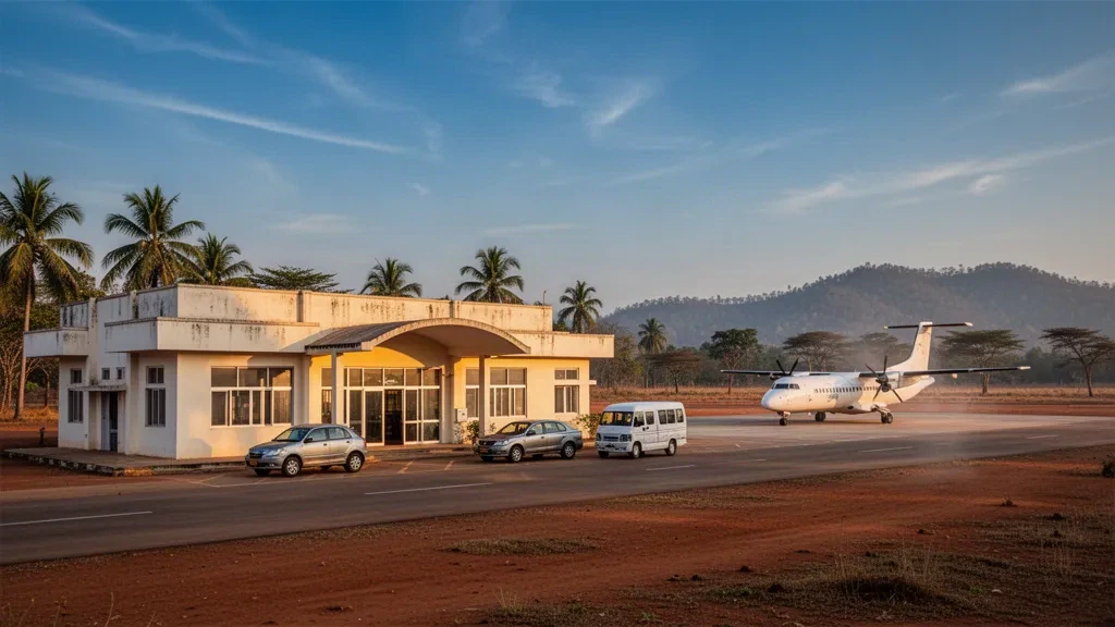 Vue à l'heure dorée du terminal et du tarmac de l'aéroport de Monywa, dans la région de Sagaing, au Myanmar, avec un avion à turbopropulseur stationné