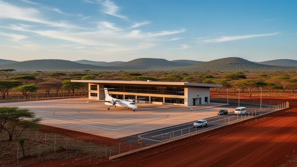 Single-storey terminal and apron at Nzagi Airport in Angola's Lunda Norte province bathed in warm golden-hour light