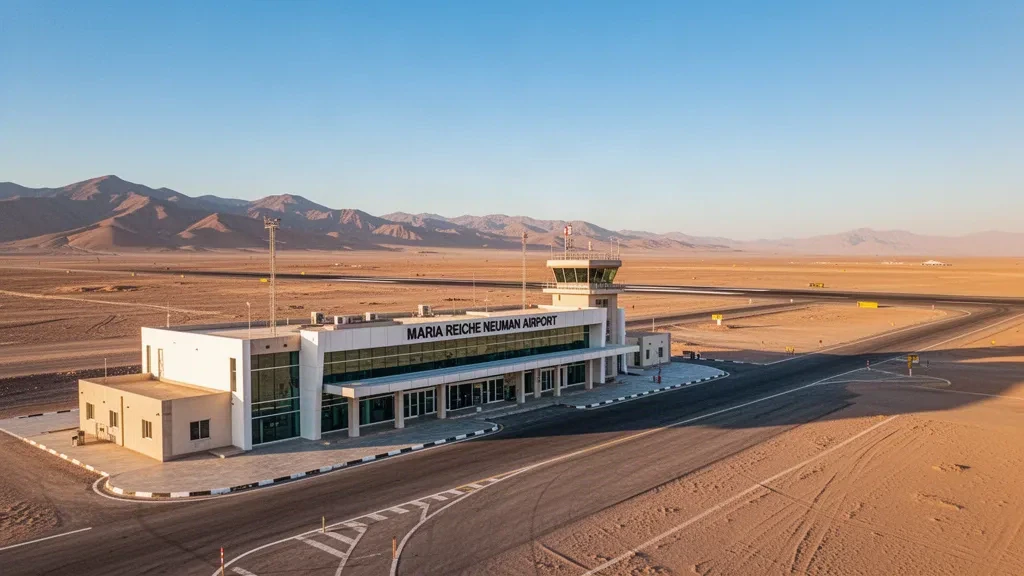 Modern terminal exterior of Maria Reiche Neuman Airport in Nazca, Peru, with desert landscape and golden hour light.