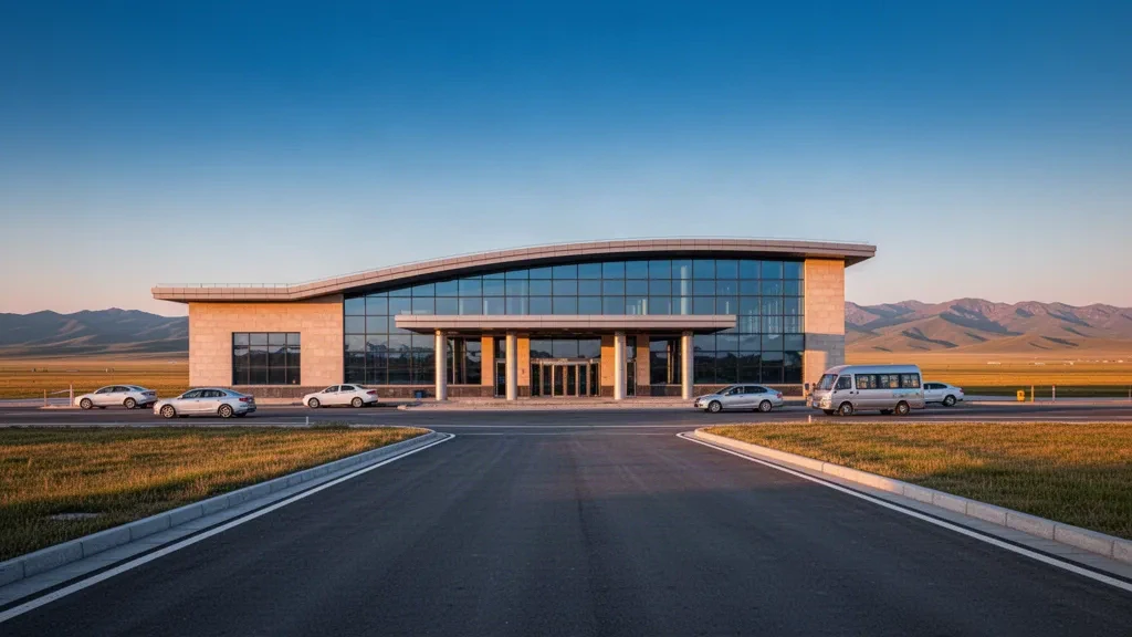 Terminal moderna de cristal y carril de descenso en el Aeropuerto Zhalantun Chengjisihan, en las praderas de Hulunbuir de Mongolia Interior, a la hora dorada