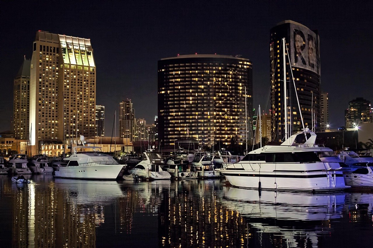 skyline, navires, yachts, nuit, soirée, lueur, port, marina, ville, lumières, bâtiments, californie, gratte-ciel, reflets, san diego, san diego, san diego, san diego, san diego, san diego