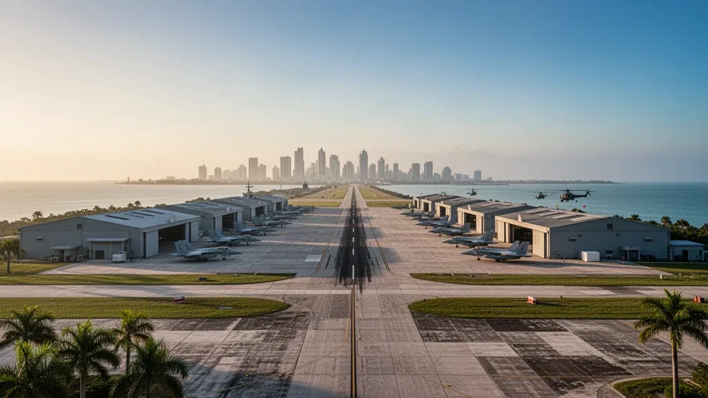 Linea di volo durante l'ora d'oro presso la North Island Naval Air Station-Halsey Field con jet grigi, hangar e lo skyline di San Diego Bay sullo sfondo