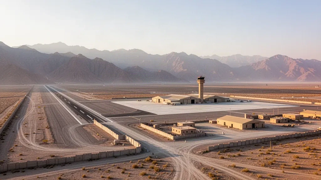 Start- und Landebahn, Vorfeld und Kontrollturm am Shank Air Base im Logar-Tal in Afghanistan, umrahmt von kargen Bergen im warmen Morgenlicht