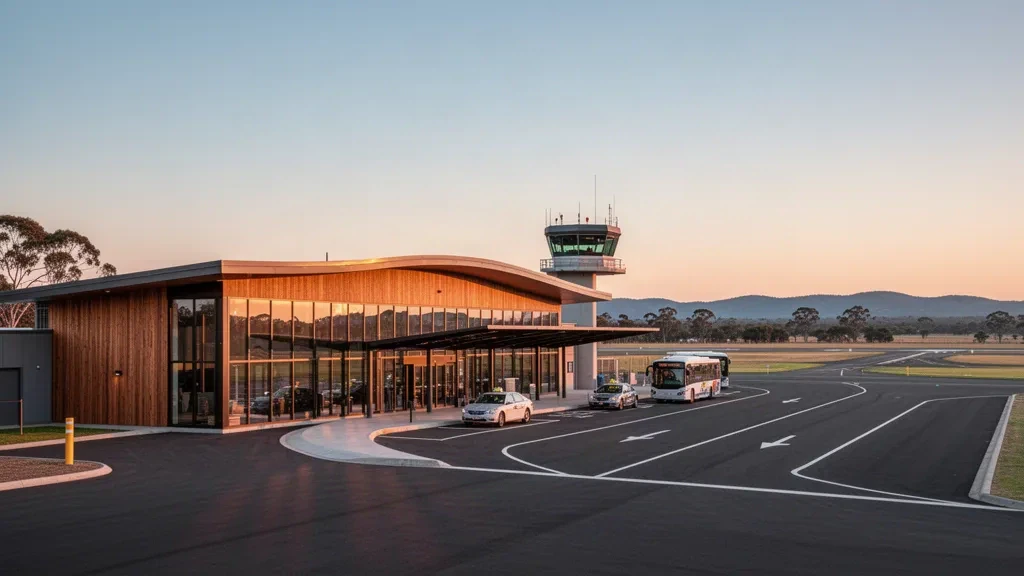 Modernes Terminalgebäude und Vorfahrt am Flughafen Orange in New South Wales im warmen Licht der goldenen Stunde