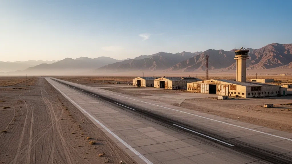 Desert runway and control tower at Shindand Air Base in Afghanistan during golden hour.