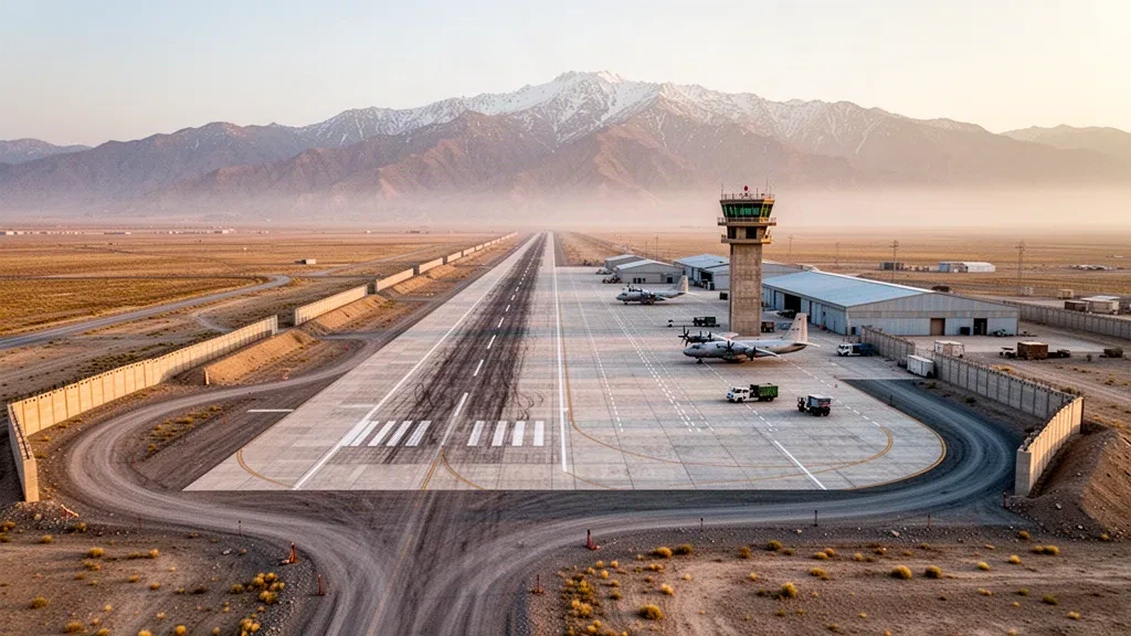 Wide view of Bagram Airfield in Afghanistan, showing its long runway, control tower and apron framed by dry desert mountains under warm light.