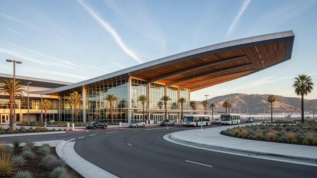 Modern glass terminal exterior and curbside drop-off at San Francisco Bay Oakland International Airport in golden-hour light